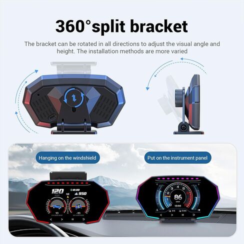 F11 OBD2 + GPS Dual 2-in-1 Smart Car Gauge with Incline Meter, Head-Up Display for Turbo Pressure, Oil Temp, Fuel Consumption, 4" HD Touch Screen Performance Monitor for All Vehicles in Kuwait