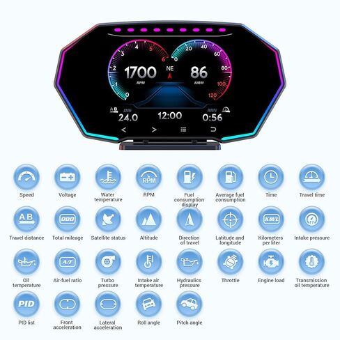 F11 OBD2 + GPS Dual 2-in-1 Smart Car Gauge with Incline Meter, Head-Up Display for Turbo Pressure, Oil Temp, Fuel Consumption, 4" HD Touch Screen Performance Monitor for All Vehicles in Kuwait