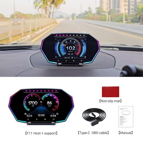 F11 OBD2 + GPS Dual 2-in-1 Smart Car Gauge with Incline Meter, Head-Up Display for Turbo Pressure, Oil Temp, Fuel Consumption, 4" HD Touch Screen Performance Monitor for All Vehicles in Kuwait