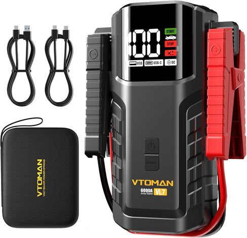VTOMAN VL7 6000A Jump Starter تمت ترقيته ببطارية LiFePO4، معزز بطارية السيارة المحمولة بقدرة 24000 مللي أمبير في الساعة (جميع الغاز/10 لتر ديزل)، حزمة طاقة صندوق القفز 12 فولت مع مخرج USB-A، النوع C وDC، ضوء LED، حقيبة EVA in Kuwait