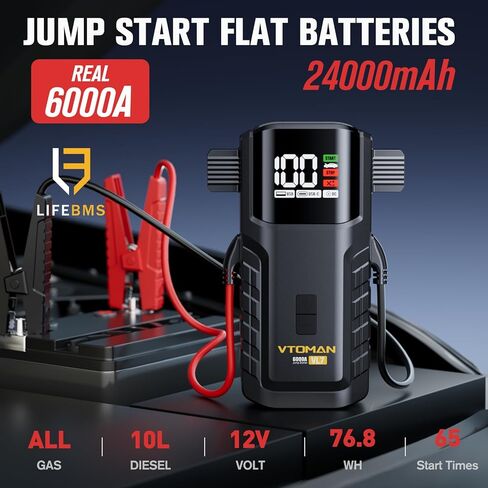 VTOMAN VL7 6000A Jump Starter تمت ترقيته ببطارية LiFePO4، معزز بطارية السيارة المحمولة بقدرة 24000 مللي أمبير في الساعة (جميع الغاز/10 لتر ديزل)، حزمة طاقة صندوق القفز 12 فولت مع مخرج USB-A، النوع C وDC، ضوء LED، حقيبة EVA in Kuwait