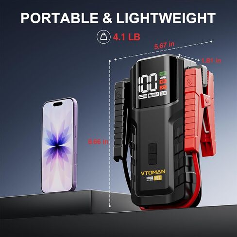 VTOMAN VL7 6000A Jump Starter تمت ترقيته ببطارية LiFePO4، معزز بطارية السيارة المحمولة بقدرة 24000 مللي أمبير في الساعة (جميع الغاز/10 لتر ديزل)، حزمة طاقة صندوق القفز 12 فولت مع مخرج USB-A، النوع C وDC، ضوء LED، حقيبة EVA in Kuwait