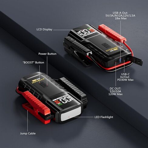 VTOMAN VL7 6000A Jump Starter تمت ترقيته ببطارية LiFePO4، معزز بطارية السيارة المحمولة بقدرة 24000 مللي أمبير في الساعة (جميع الغاز/10 لتر ديزل)، حزمة طاقة صندوق القفز 12 فولت مع مخرج USB-A، النوع C وDC، ضوء LED، حقيبة EVA in Kuwait