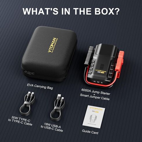 VTOMAN VL7 6000A Jump Starter تمت ترقيته ببطارية LiFePO4، معزز بطارية السيارة المحمولة بقدرة 24000 مللي أمبير في الساعة (جميع الغاز/10 لتر ديزل)، حزمة طاقة صندوق القفز 12 فولت مع مخرج USB-A، النوع C وDC، ضوء LED، حقيبة EVA in Kuwait
