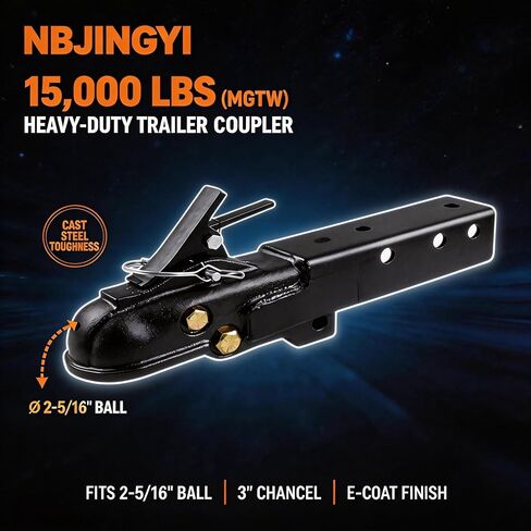 NBJINGYI Straight Tongue Trailer Coupler, 2-5/16" Ball, 15,000 lbs MGTW, Fits 3" Channel, Auto-Engage Latch with Black E-Coat Finish, Cast Steel Hitch for Boat, RV and Utility Trailers in Kuwait