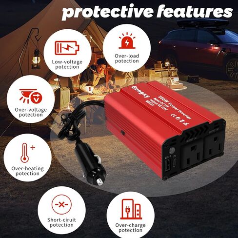 Car Power Inverters 350W Inverter - 12v DC to 110v AC Converter with AC Outlets USB Type-c Port,Car Power Converter for Truck/Home/Vehicles/Laptop Trip (Red, 350W) in Kuwait