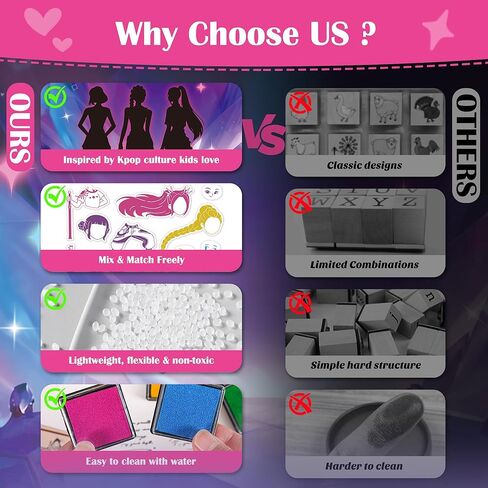 مجموعة طوابع K-Pop الجمالية للأطفال، طوابع تلبيس قابلة للتبديل مع 22 تصميمًا، لعبة فنية إبداعية DIY، حبر قابل للغسل، لعب الأدوار واللعب على الموضة، هدية عيد ميلاد للفتيات والفتيان الذين تتراوح أعمارهم بين 3 و12 عامًا in Kuwait