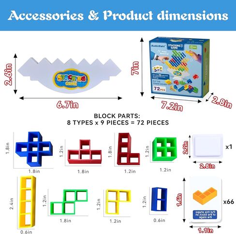 72Pcs Tetris Style Stack Game for Kids & Adults w/66 Challenge Cards, STEM Building Toy w/ Balance Tower Game Giant for Family&Party, Balance Stacking Blocks Large for 2-4 Player+ for Kids 8-12&Adults in Kuwait