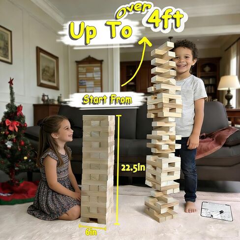 Jac & Mok Tumble Tower Game Set, Stacking Tower Game, Outdoor Games, Wooden Blocks Stacking Game - Includes Carry Bag (Natural, Jumbo-56pcs) in Kuwait