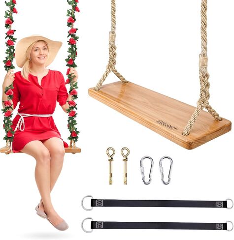 Hanging Wooden Swing, 24"x 8"x 1.2" Tree Swing for Adults and Kids with 500lbs Load, Adjustable Hemp Rope Plus Tree Straps 10.54FT, Wood Swing Set Seat for Outdoor and Indoor Use in Kuwait