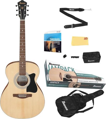 حزمة جيتار صوتي Ibanez IJV50 JamPack Dreadnought - حزمة طبيعية ذات مسام مفتوحة مع حقيبة أزعج وموالف وأوتار وحقيبة وحزام ولقطات وقماش تلميع أوستن بازار in Saudi Arabia