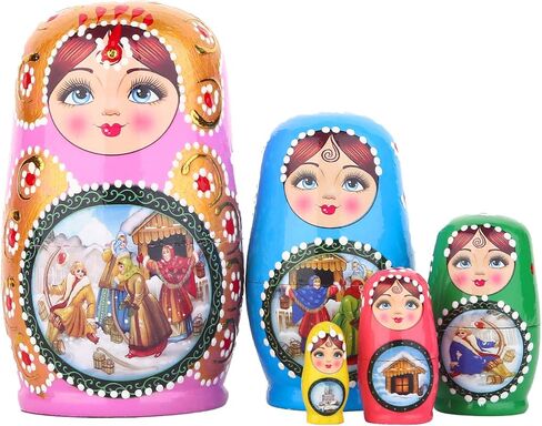 Russian Nesting Dolls Set 5 Pieces Matryoshka Wood Stacking Nested Set Story Girl Handmade Toys for Children Kids Christmas Birthday Halloween Wishing Gift (Red Girls)… in Saudi Arabia