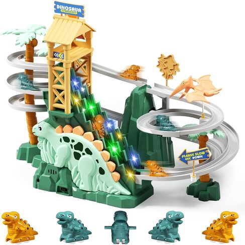 Dinosaur Climbing Stairs Toy - Electric Dino Roller Coaster Toy Track with LED Lights & Music, Automatic Chasing Race Game Playset, Birthday Dinosaur Gifts for Kids Boys Girls Ages 3+ in Kuwait