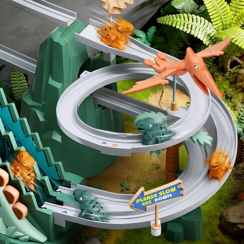 Dinosaur Climbing Stairs Toy - Electric Dino Roller Coaster Toy Track with LED Lights & Music, Automatic Chasing Race Game Playset, Birthday Dinosaur Gifts for Kids Boys Girls Ages 3+ in Kuwait