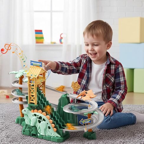 Dinosaur Climbing Stairs Toy - Electric Dino Roller Coaster Toy Track with LED Lights & Music, Automatic Chasing Race Game Playset, Birthday Dinosaur Gifts for Kids Boys Girls Ages 3+ in Kuwait