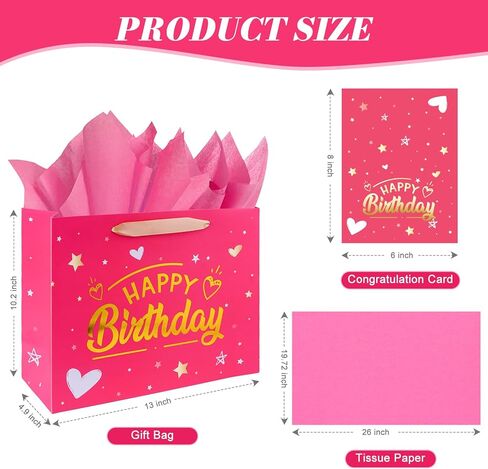 Yixiang Birthday Gift Bags,13 Inches Birthday Gift Bag with Tissue Paper and Greeting Card for Women,Girls in Kuwait