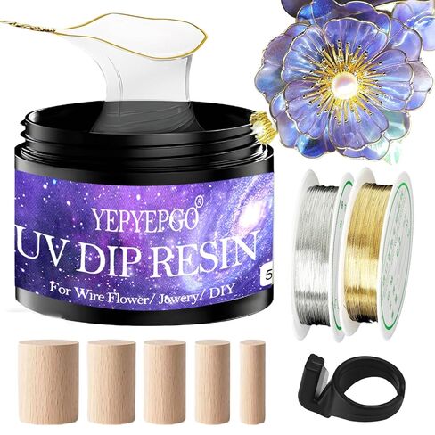 UV Resin Dip for Wire Flowers Kit, Crystal Clear UV Dip Resin with Silver Gold Wires for Wire Shapes, Fast Cured for Craft Jewelry Making Ideal DIY Gift for Beginer in Kuwait