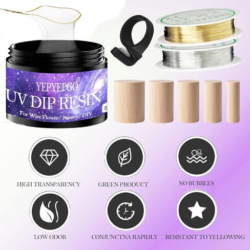UV Resin Dip for Wire Flowers Kit, Crystal Clear UV Dip Resin with Silver Gold Wires for Wire Shapes, Fast Cured for Craft Jewelry Making Ideal DIY Gift for Beginer in Kuwait