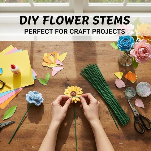Green Floral Wire Stems for Pipe Cleaner Flowers – 100 Count Thick 8 Inch Stems for Crochet Flower Bouquets, Artificial Rose Making, DIY Floral Crafts & Wedding Decorations in Kuwait