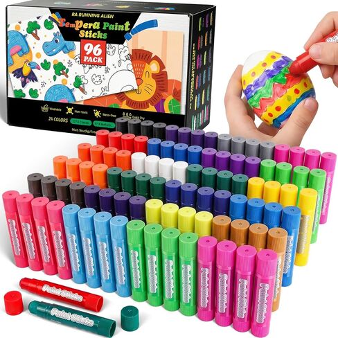 96 Pack Tempera Paint Sticks,24 Colors Non Toxic Solid Paint Sticks for Kids,No Mess,Quick Drying,Smooth and Washable Toddler Crayons,Works Great on Paper,Wood,Glass,Ceramic,Canvas in Kuwait