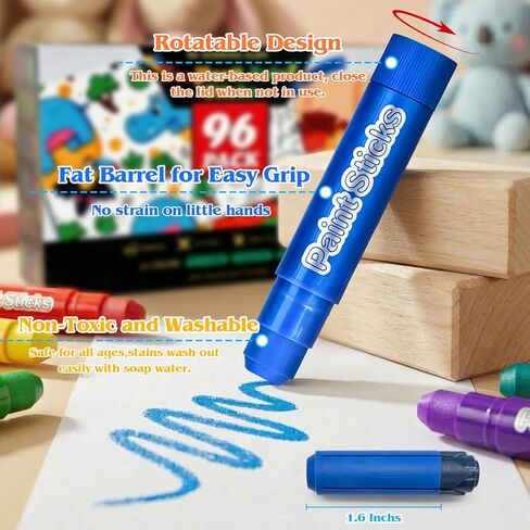 96 Pack Tempera Paint Sticks,24 Colors Non Toxic Solid Paint Sticks for Kids,No Mess,Quick Drying,Smooth and Washable Toddler Crayons,Works Great on Paper,Wood,Glass,Ceramic,Canvas in Kuwait