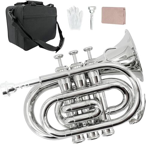 Pocket Trumpet Brass Bb Flat Trumpet Portable with 7C Mouthpiece,Hard Case,Cleaning Kit,Strap,Gloves for Beginners,Christmas Birthday Gift. (black) in Saudi Arabia
