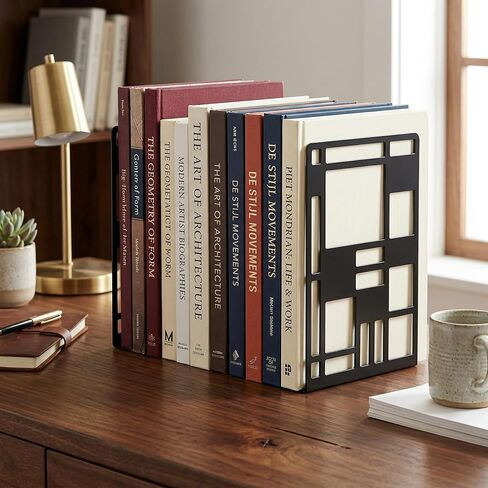 Metal Bookends for Shelves, Black Abstract Art Design Book Ends for Heavy Books, 1 Pair, 6.42x4.72x3.94 Inch, Anti-Slip Heavy Duty Book Dividers in Kuwait