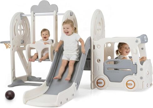 OLAKIDS Toddler Slide and Swing Set, 5 in 1 Bus Themed Baby Slide with Climber Basketball Hoop Car Playhouse for Indoor Outdoor Boys Girls Aged 3+ (Grey) in Kuwait