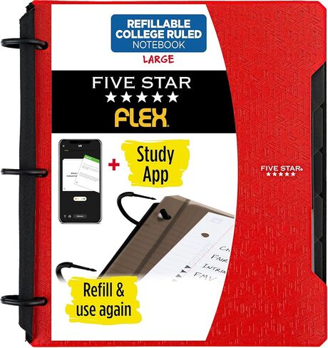 دفتر ملاحظات قابل لإعادة التعبئة من Five Star Flex + تطبيق دراسة 1 بوصة على شكل حرف O مع عروات وفواصل للجيوب، سعة 220 ورقة، يتضمن 60 ورقة مقاس 8.5 بوصة × 11 بوصة، ورق مسطر للكلية، وردي غامق (293280R) in Kuwait