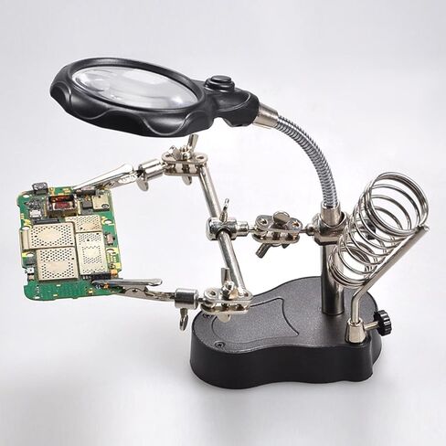 Magnifying Glass Soldering Station, 4X Acrylic Lens with 2 LEDs for Electronic Soldering Modeling Repair, Adjustable Support in Kuwait