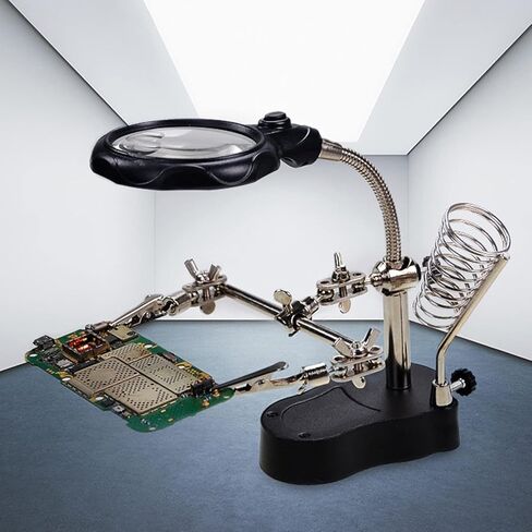 Magnifying Glass Soldering Station, 4X Acrylic Lens with 2 LEDs for Electronic Soldering Modeling Repair, Adjustable Support in Kuwait