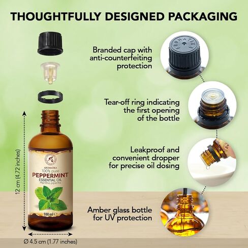 Peppermint Essential Oil 3.4 Fl Oz (100ml) - Mentha Piperita - Home Fragrance - Aromatherapy - 100% Pure & Natural Mint Oil for Body Care - Diffusers - Sauna - Relaxation - Calming in Saudi Arabia