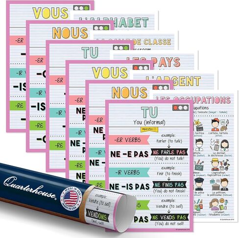 Quarterhouse French Verbs & Beginner Vocabulary (Set D) Poster Set, French Classroom Learning Materials for K-12 Students and Teachers, Set of 11, 12 x 18 Inches, Extra Durable in Saudi Arabia