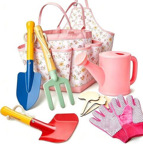 Kids Gardening Tools Set Toddler Gardening Kit with Apron & Tote Bag, Shovel, Fork, Trowel and Gloves, Outdoor Gardening Toys Easter Gifts for Children Ages 3-10 in Kuwait