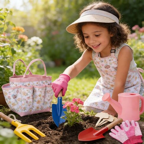 Kids Gardening Tools Set Toddler Gardening Kit with Apron & Tote Bag, Shovel, Fork, Trowel and Gloves, Outdoor Gardening Toys Easter Gifts for Children Ages 3-10 in Kuwait