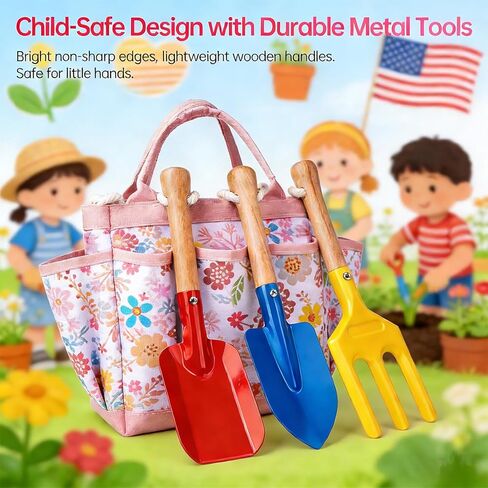 Kids Gardening Tools Set Toddler Gardening Kit with Apron & Tote Bag, Shovel, Fork, Trowel and Gloves, Outdoor Gardening Toys Easter Gifts for Children Ages 3-10 in Kuwait