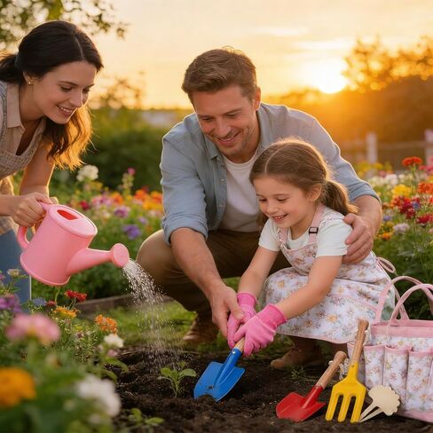 Kids Gardening Tools Set Toddler Gardening Kit with Apron & Tote Bag, Shovel, Fork, Trowel and Gloves, Outdoor Gardening Toys Easter Gifts for Children Ages 3-10 in Kuwait