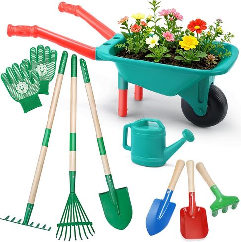 CUTE STONE Kids Gardening Tools Set - 9PCS Outdoor Toys for Toddlers with Wheelbarrow, Shovel, Rake & Watering Can - Durable Kids Gardening Kit for Backyard, Sandbox, Indoor & Outdoor Play Ages 3-5 in Kuwait