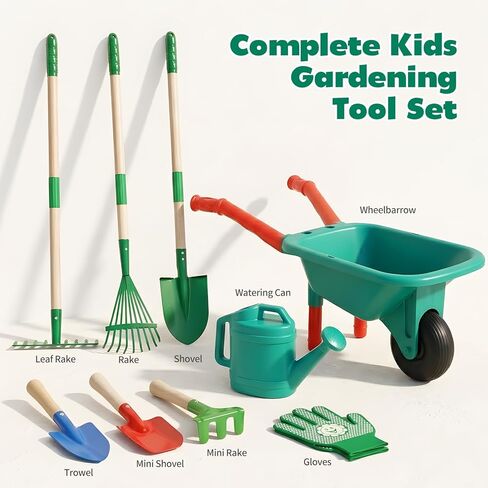 CUTE STONE Kids Gardening Tools Set - 9PCS Outdoor Toys for Toddlers with Wheelbarrow, Shovel, Rake & Watering Can - Durable Kids Gardening Kit for Backyard, Sandbox, Indoor & Outdoor Play Ages 3-5 in Kuwait