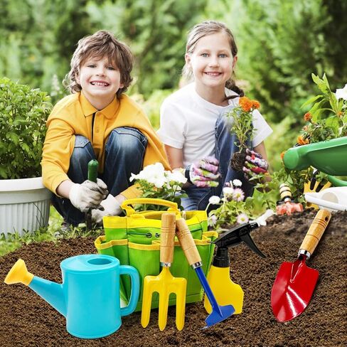 Kids Gardening Tools Set Includes Toddler Gardening Gloves, Sturdy Tote Bag, Watering Can, Shovel, Rake, Trowel, Children Apron, Garden Notebook - Easter Gifts for Toddler in Kuwait
