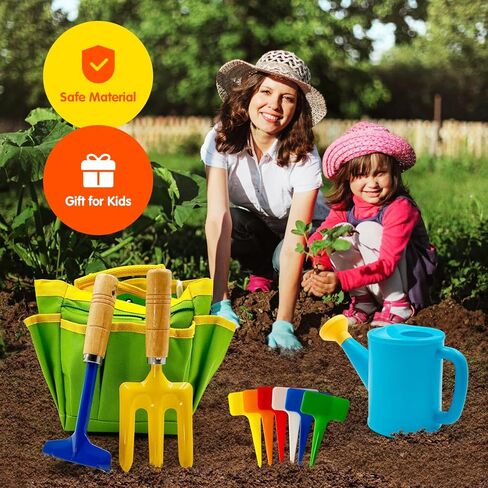 Kids Gardening Tools Set Includes Toddler Gardening Gloves, Sturdy Tote Bag, Watering Can, Shovel, Rake, Trowel, Children Apron, Garden Notebook - Easter Gifts for Toddler in Kuwait