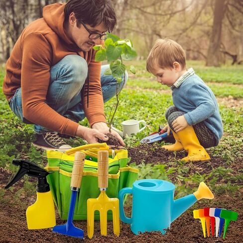 Kids Gardening Tools Set Includes Toddler Gardening Gloves, Sturdy Tote Bag, Watering Can, Shovel, Rake, Trowel, Children Apron, Garden Notebook - Easter Gifts for Toddler in Kuwait