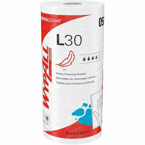 مساحات Wypall L30 للأغراض العامة - 11 بوصة × 10.40 بوصة - 70 ورقة/لفة - بيضاء - مثقوبة، خفيفة التحمل، قوة رطبة، ناعمة، معززة، ماصة، مقاومة للمذيبات - للوجه واليد والأغراض العامة، in Kuwait