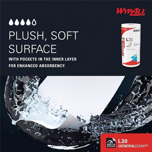 مساحات Wypall L30 للأغراض العامة - 11 بوصة × 10.40 بوصة - 70 ورقة/لفة - بيضاء - مثقوبة، خفيفة التحمل، قوة رطبة، ناعمة، معززة، ماصة، مقاومة للمذيبات - للوجه واليد والأغراض العامة، in Kuwait