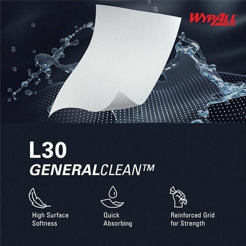 مساحات Wypall L30 للأغراض العامة - 11 بوصة × 10.40 بوصة - 70 ورقة/لفة - بيضاء - مثقوبة، خفيفة التحمل، قوة رطبة، ناعمة، معززة، ماصة، مقاومة للمذيبات - للوجه واليد والأغراض العامة، in Kuwait