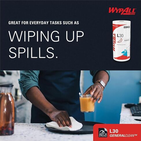 مساحات Wypall L30 للأغراض العامة - 11 بوصة × 10.40 بوصة - 70 ورقة/لفة - بيضاء - مثقوبة، خفيفة التحمل، قوة رطبة، ناعمة، معززة، ماصة، مقاومة للمذيبات - للوجه واليد والأغراض العامة، in Kuwait