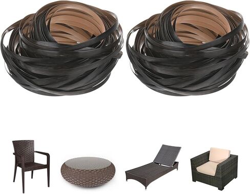 M METERXITY 2-Pack Wicker Repair Kit, 100Ft Plastic Flat Rattan Replacement Supplies Material for Patio Furniture Repair/Basket Making/Chair Weaving, Synthetic Woven Rattan [Black Gold] in Kuwait