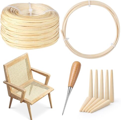 Sieral Rattan Repair Kit Includes 1 PC 1/10inch x 270ft Flat Cane Webbing Roll, 4/25 Inch x 7.8ft Spline, Caning Chisel and 12 Pcs Wooden Pegs for Chair, Cabinet & Wicker Furniture Restoration in Kuwait