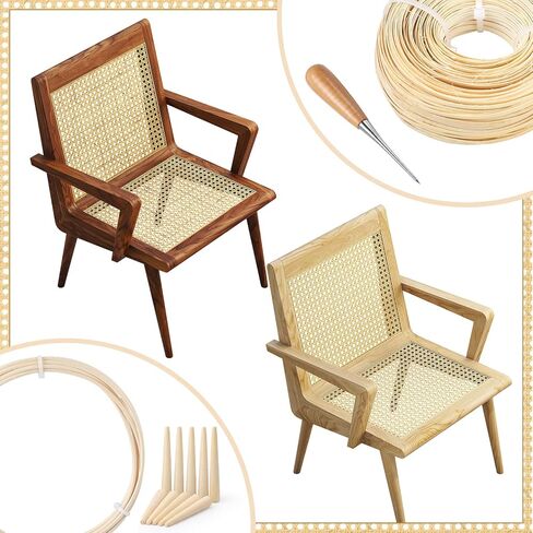 Sieral Rattan Repair Kit Includes 1 PC 1/10inch x 270ft Flat Cane Webbing Roll, 4/25 Inch x 7.8ft Spline, Caning Chisel and 12 Pcs Wooden Pegs for Chair, Cabinet & Wicker Furniture Restoration in Kuwait