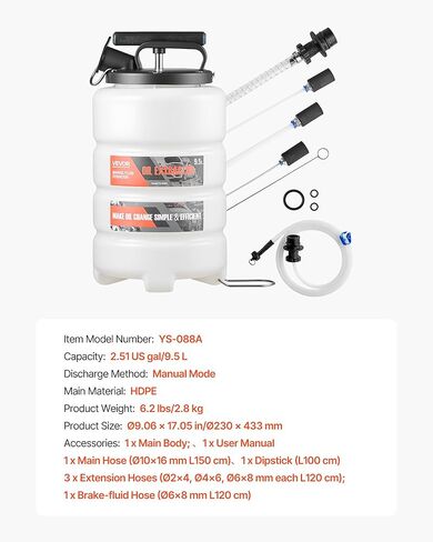 VEVOR Fluid Extractor, 9.5 L Capacity, Manual Vacuum Oil Extractor Pump with 59 in Long Horse & Three 47 in Extension Tubes, Oil Change Pump with HDPE Tank for Cars, Lawn Mowers, Boats, Motorcycles in Kuwait